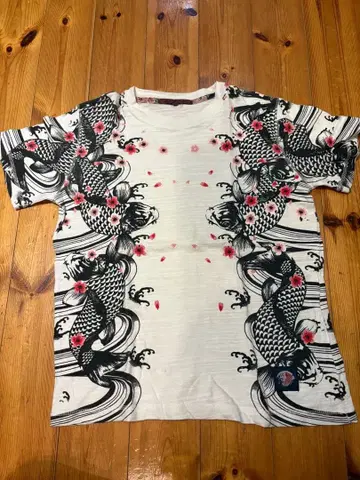 잉어와 벚꽃 자수 프린트 T셔츠 일본풍 패턴 M