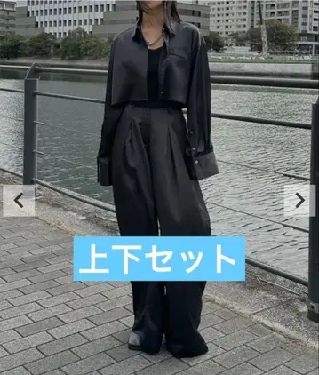 LVEU. 새틴 크롭 셔츠 새틴 턱 와이드 팬츠 셋업