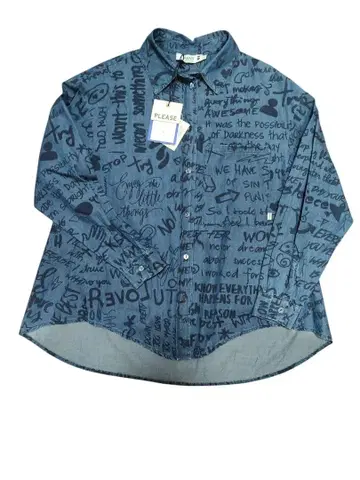 PLEASE 블루 문자 패턴 데님 셔츠 S 올 패턴