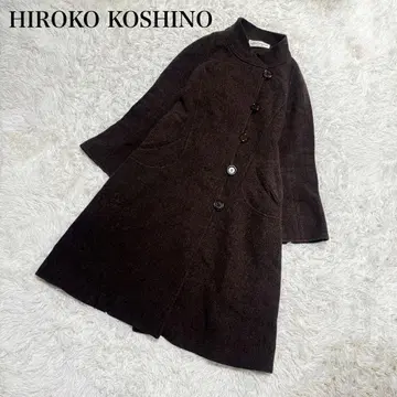 히로코코시노 롱 코트 노카라 A라인 변형 다크 브라운 L