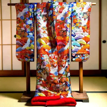 다색 학과 꽃무늬 자수 순수 실크 기모노 결혼식 혼례 의상