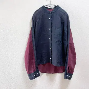 BLANC basque 린넨 로운 배색 펄 버튼 노카라 셔츠