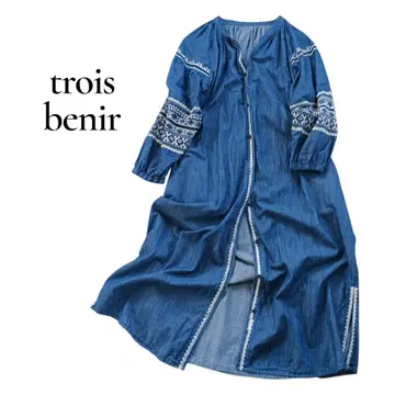trois benir 자수 개더 원피스 데님 인디고 컬러