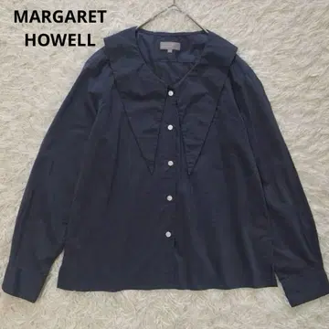 새상품급 마가렛호웰 코튼 빅 칼라 블라우스 옷깃 포함 블루