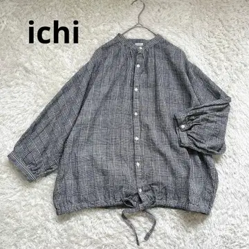 [ichi] 면린넨 스탠드 카라 체크 무늬 셔츠 블라우스 밑단 리본 이치