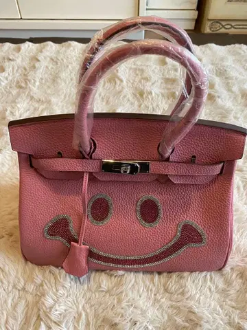 스마일 반짝이는 핑크 가죽 핸드백