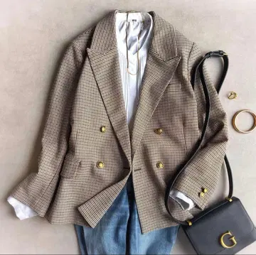 미라 오웬 금장 버튼 2 사이즈 체크 더블 블레이저 자켓 브라운