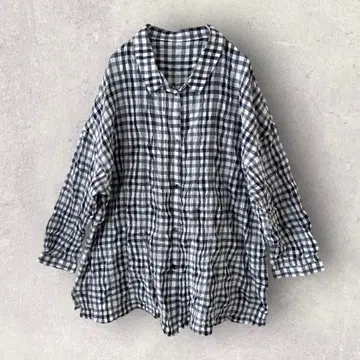 하르메크 LL 깅엄 체크 패턴 긴팔 셔츠 넉넉한 주름 가공 큐프라