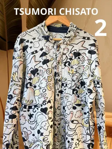 [츠모리치사토] 주름 가공 팝 올 패턴 긴팔 셔츠 코튼 일본제 남녀 공용