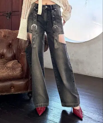 새상품 SPIRALGIRL 벨트 디자인 사이드 컷 데님 데님 GYDA