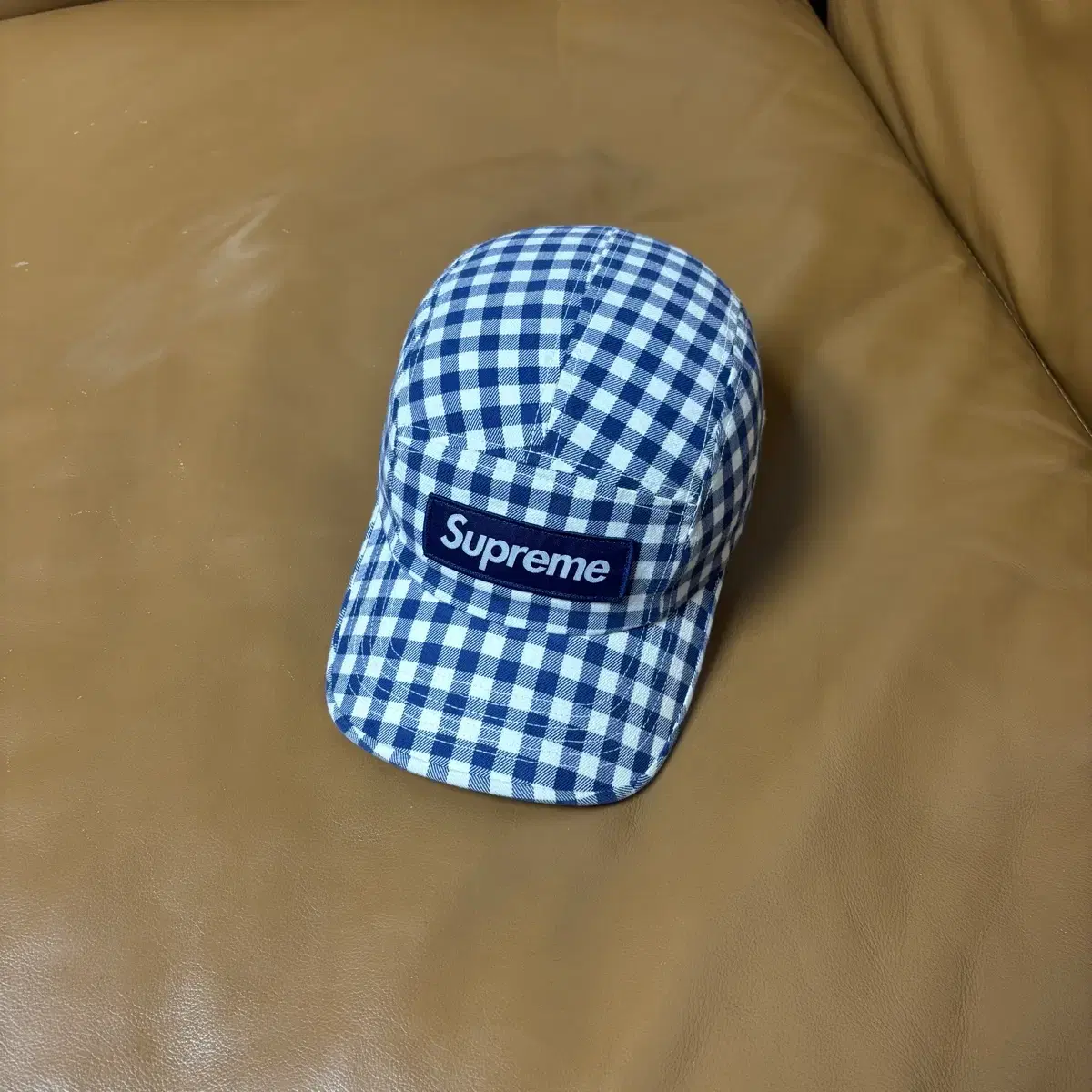 Same-day Delivery) Supreme Gingham Camp Cap Navy 23SS Dark Blue