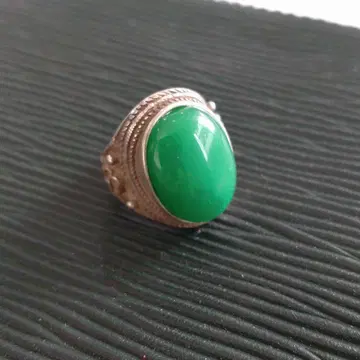 [ 중국 골동품 은반지 ] 그린 마노 발 은 실버 반지 문양, 각인 포함