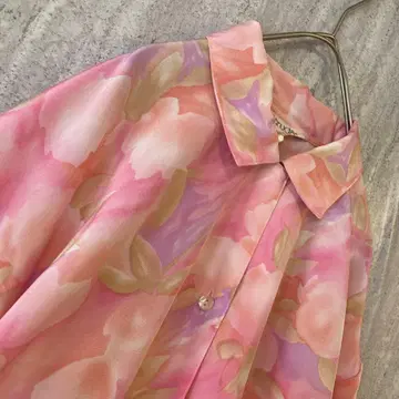 빈티지 블라우스 꽃무늬 올 패턴 클래시컬 레트로 걸리시 핑크 일본제