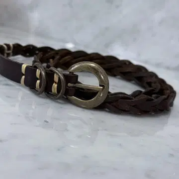 천연 가죽 다크 브라운 가죽 더블 버클 가는 벨트 가는 폭 메쉬 벨트