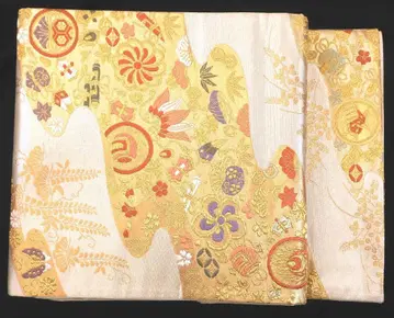 순수 실크 길조 문양 품격 있는 금박 후쿠로 오비 금도금