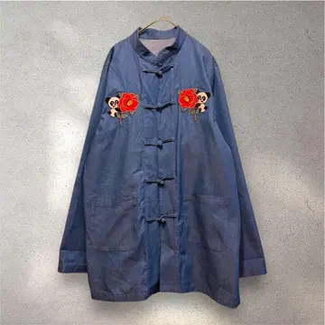 Candy Stripper 차이나 셔츠 팬더 자수 일본 지도 인디고