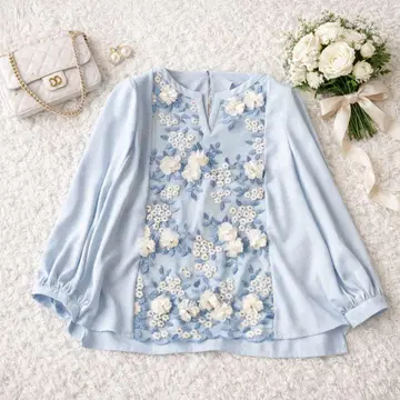 미사용 크리스세린 3D 플라워 자수 레이스 블라우스 블루