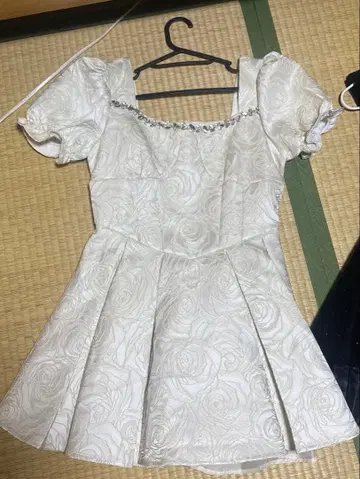 아이보리 장미 무늬 자카드 퍼프 슬리브 미니 드레스 파티 드레스