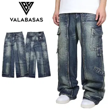 VALABASAS 배기 데님 카고 청바지 블루