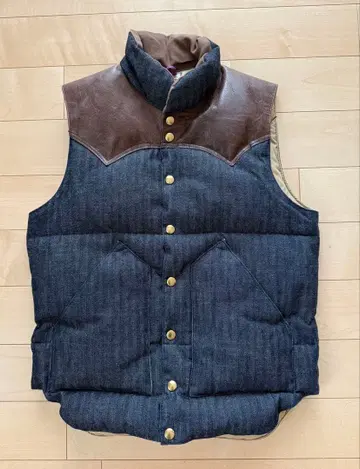 새상품급 M 웨어하우스 다운 베스트 웨스턴 절개 데님 가죽