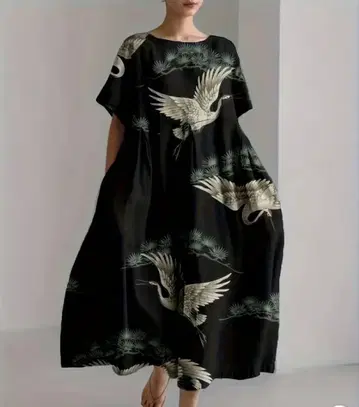 블랙 베이스 학 패턴 반팔 롱 원피스 | 재패니즈 모던 디자인 3L