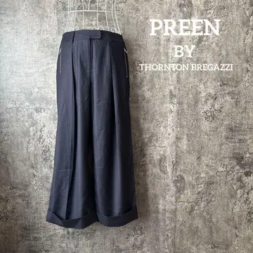 PREEN 하이웨스트 턱 와이드 팬츠 더블 밑단 지퍼 포켓 영국