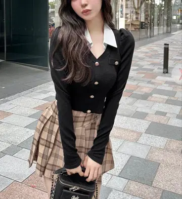 Rady 셔츠 니트탑 체크 코르셋 스커트 세트 코디