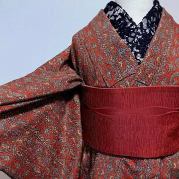 기모노 빨간색 레드 사라사 조젯 이중 기모노 실크 앤티크