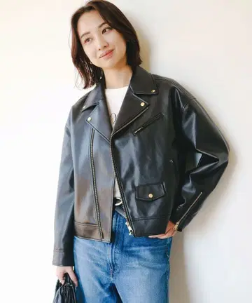 B:MING by BEAMS 블랙 가죽 라이더 자켓