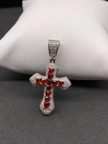레드 지르코니아 다이아 십자가 크로스 블링블링 목걸이 로자리오