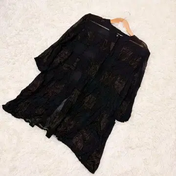 시어 가디건 도트 레이스 시스루 5부 소매 롱 기장 페미닌