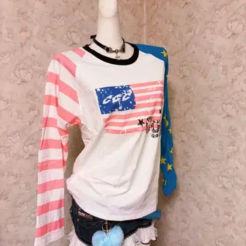 헤이세이 갸루 Y2K 미국 국기 디자인 긴팔 T셔츠