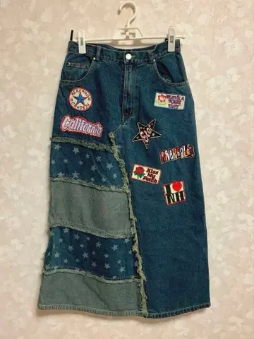 빈티지 헤이세이 갸루 00s 와펜 데님 롱 스커트 구제 의류 Y2K