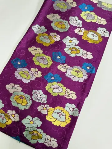 N2 앤티크 꽃 직물 나고야 오비 빈티지 보라색 계열 순수 실크