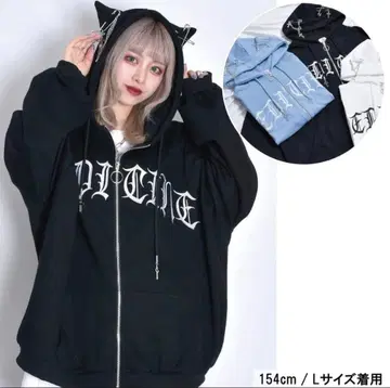 VOLCAN&APHRODITE 고양이 귀 로고 ZIP 후드티 속기모 블랙