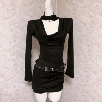 헤이세이 갸루 Y2K 블랙 미니 원피스 긴팔 벨트 포함