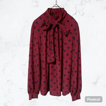 J586 개버딘 K.T 보타이 블라우스 상의 긴팔 리본 도트 M