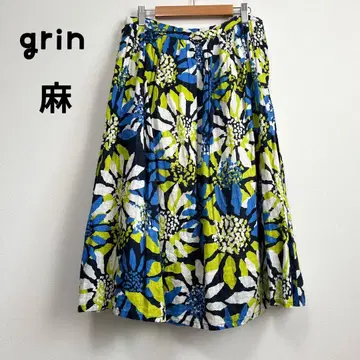 grin 린넨 100% 개더 플레어 스커트 꽃무늬 코튼 안감 사이즈 2