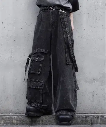 cussil 루즈 실루엣 비대칭 서스펜더 카고 데님 팬츠 L
