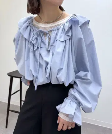 mystic 리본 볼륨 블라우스 블루 프리 사이즈 미사용 새상품 완판템