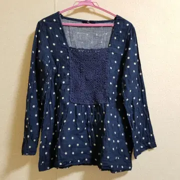 45rpm 인디고 도트 티셔츠 크로셰 뜨개질 거즈 블라우스