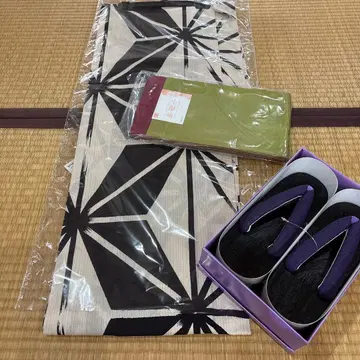 기하학 패턴 유카타 오비 일본 나막신 세트