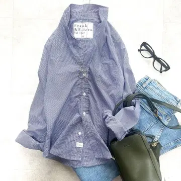 새상품급 프랭크 & 일리 발리 깅엄 주름 가공 블루 계열 코튼