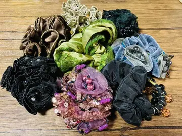 꽃무늬 반짝반짝 머리끈 & 스크런치 9개 세트