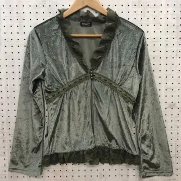 00년대 보헤미안 시크 구제 의류 레이스 프릴 샤이니 벨로아 가디건