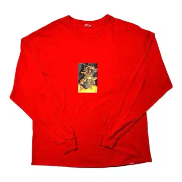 일본풍 패턴 우키요에 사무라이 프린트 롱 T셔츠 빨간색 L 사이즈 스트릿