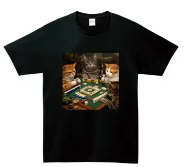 고양이가 마작풍 게임을 하고 있는 T셔츠 L 사이즈