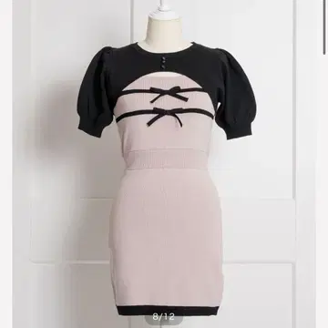 피움 리본 테이프 레이어드 반팔 니트 원피스 핑크