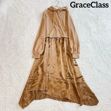 새상품급 그레이스 클래스 후드 원피스 비대칭 롱 브라운 36