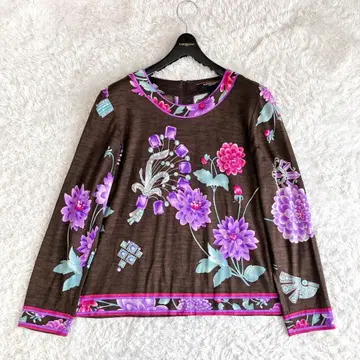 컨디션 최상 레오나르 티셔츠 상의 트리밍 꽃 보석 브라운 42